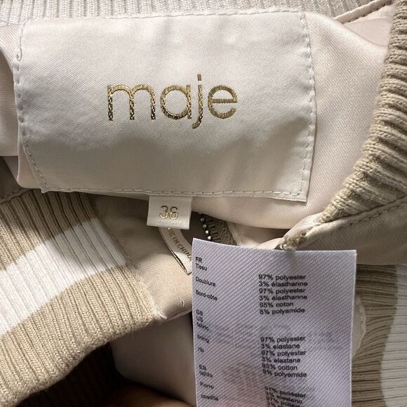 Maje Bomber Jacket Womens 36 Satin Embroidered Beige Preppy Academia - Picture 4 of 11